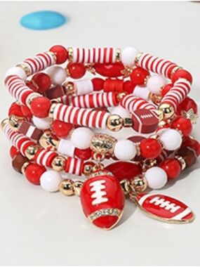 Red and White Football Charm Beaded Bracelet Stack - Women Jewelry Set